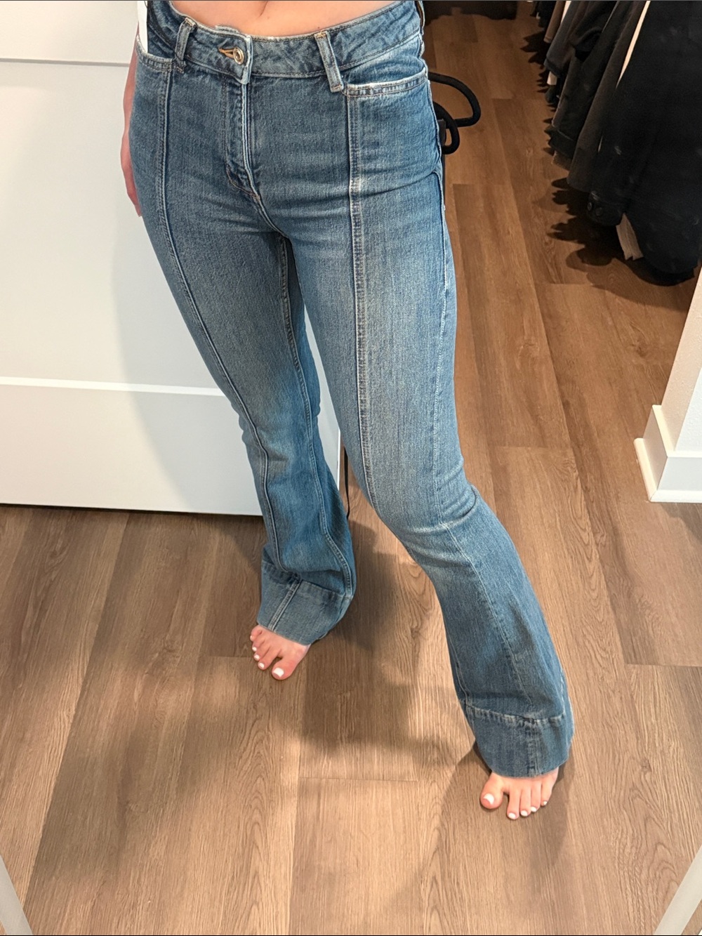 Zara Mid Blue High-Rise Flare Jeans with Center Front Seams